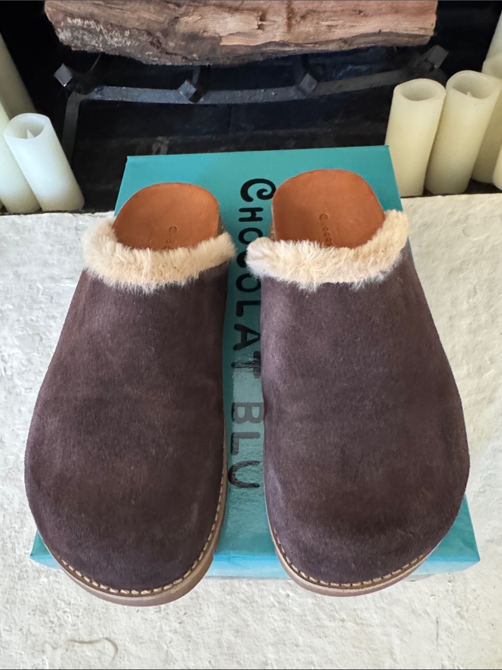 Chocolat Blu Yaro Brown Suede Faux-Fur Trim Slip-On Clogs
